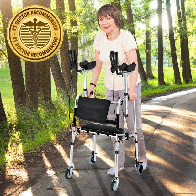 Premium 2-In-1 Folding Auxiliary Walker Rollator With Brakes And Seat