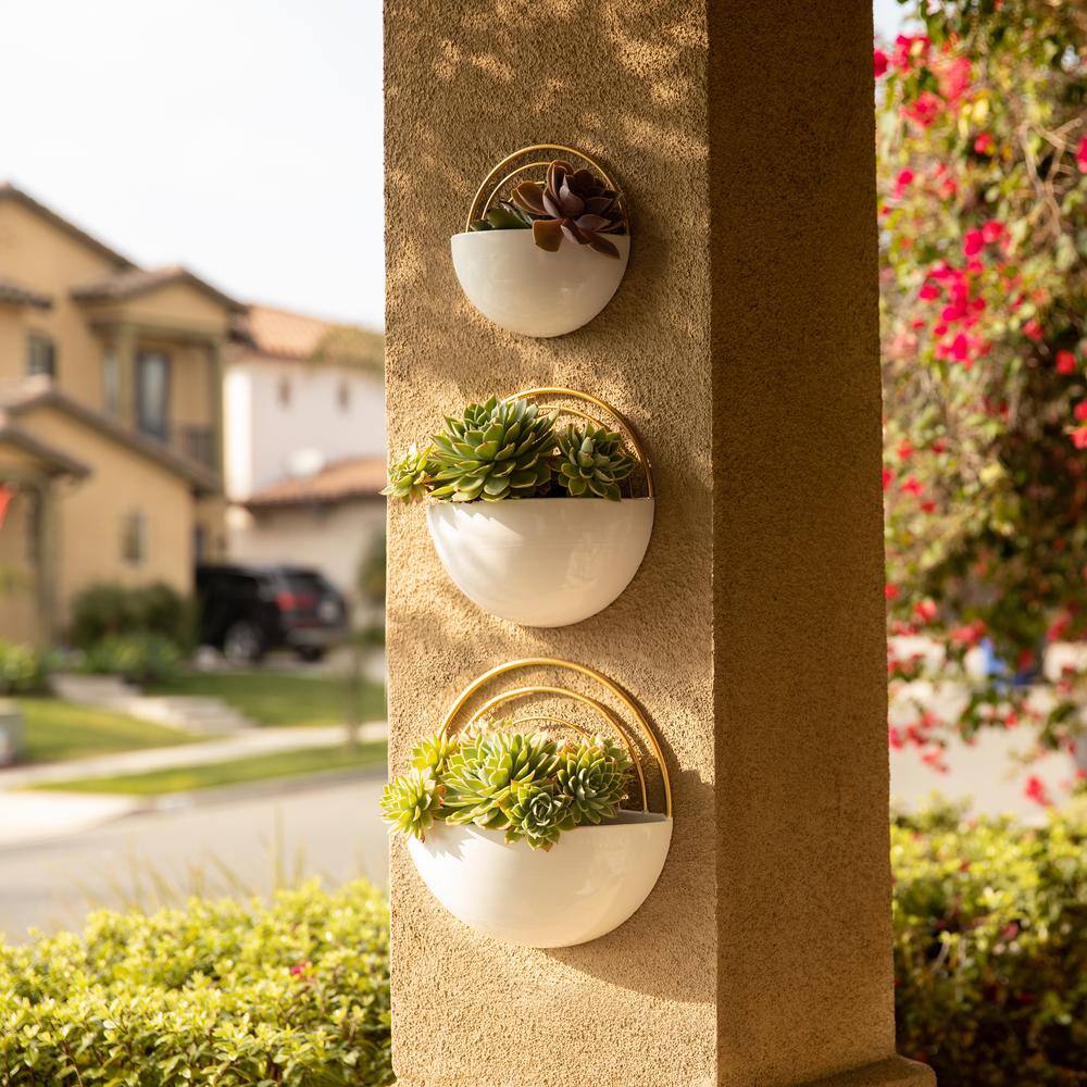 DANYA B Crescent Metal Wall Planter Set - White with Gold Detail (3-Piece) FHB21655