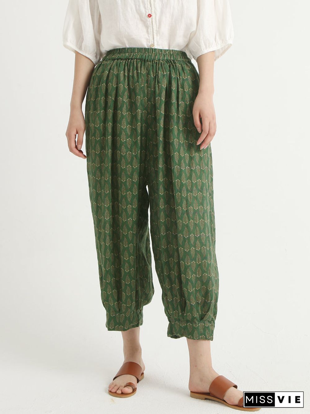 Linen Vintage Floral Women Loose Harem Pants