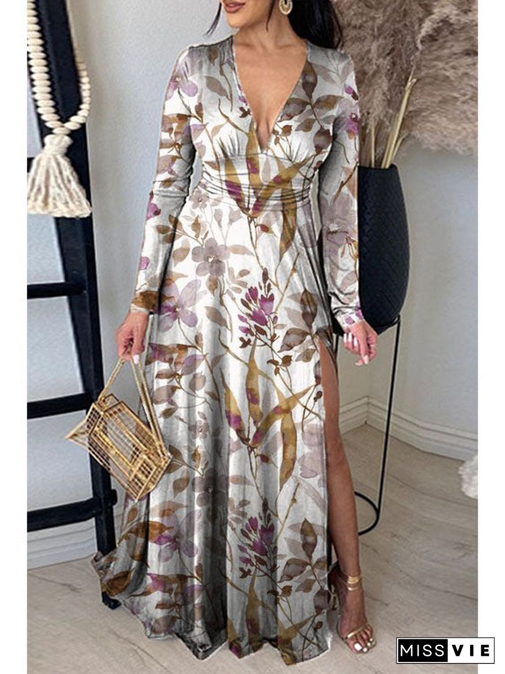 Printed Neck Pleated Elegant Slit V-Neck Maxi Dress