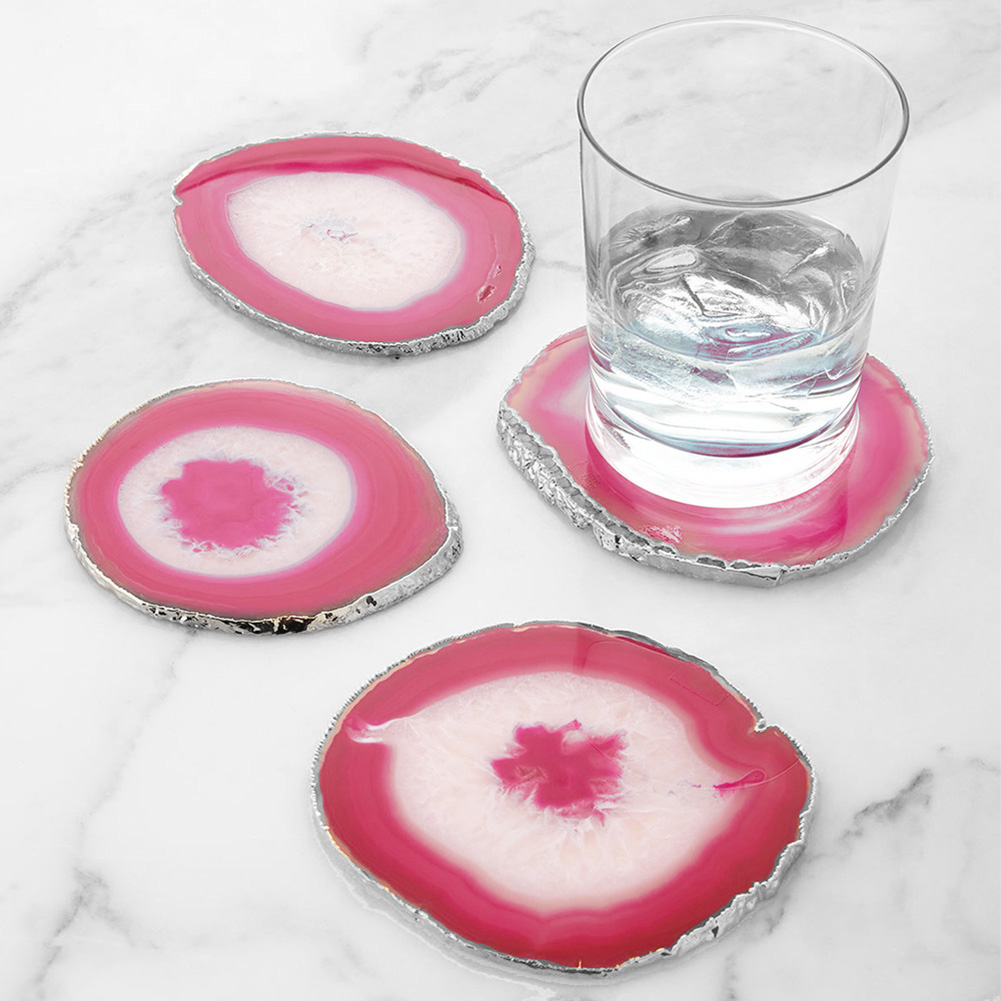 Modern Home Set of 4 Natural Agate Stone Coasters - Pink w/Silver Edge