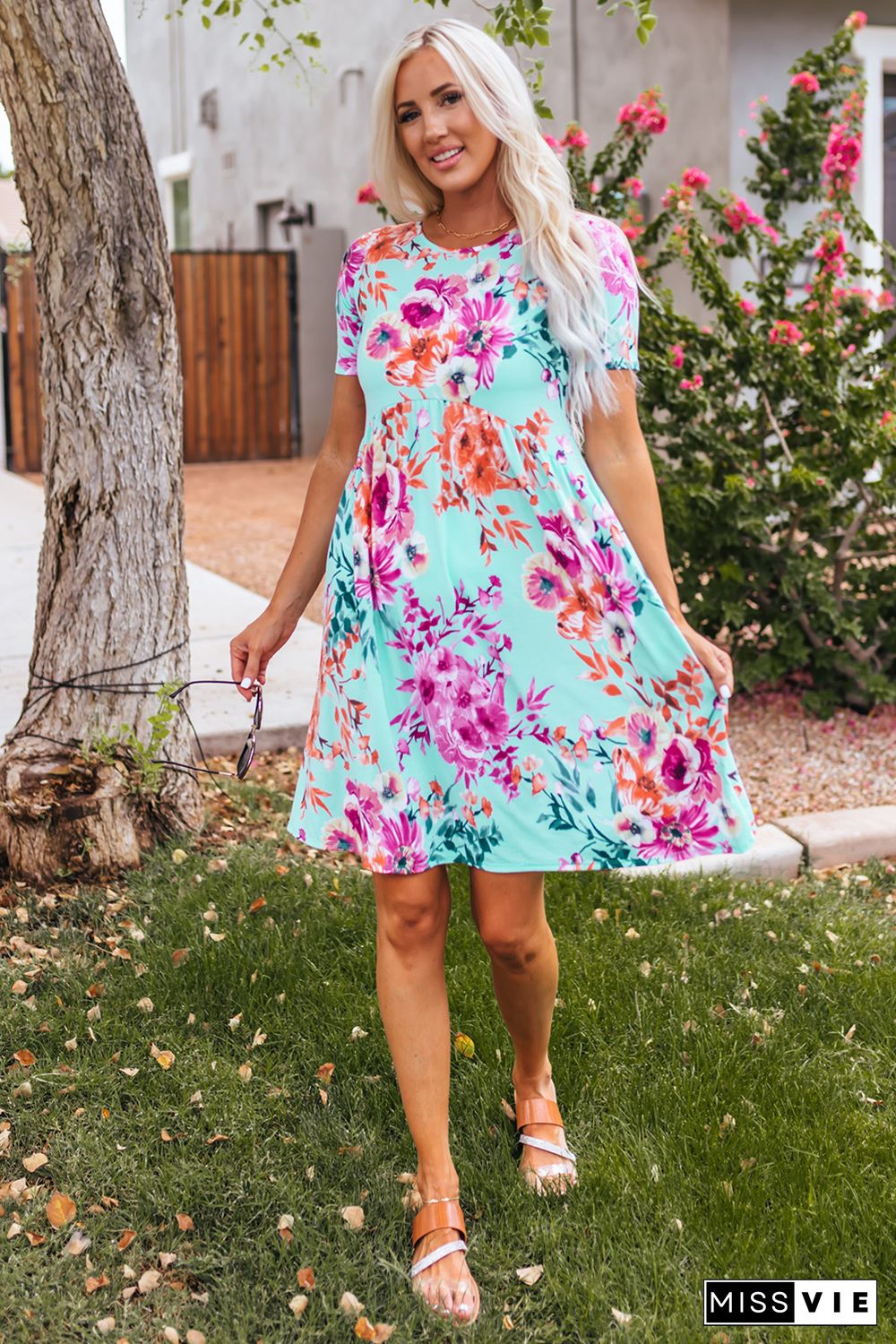 Sky Blue Short Sleeve High Waist Floral T-shirt Dress