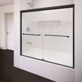 Infinity 58.5 in. x 57 in. Semi-Frameless Sliding AquaGlideXP Clear Glass Tub Door in Wrought Iron with Towel Bar INFH05A5857XPWI