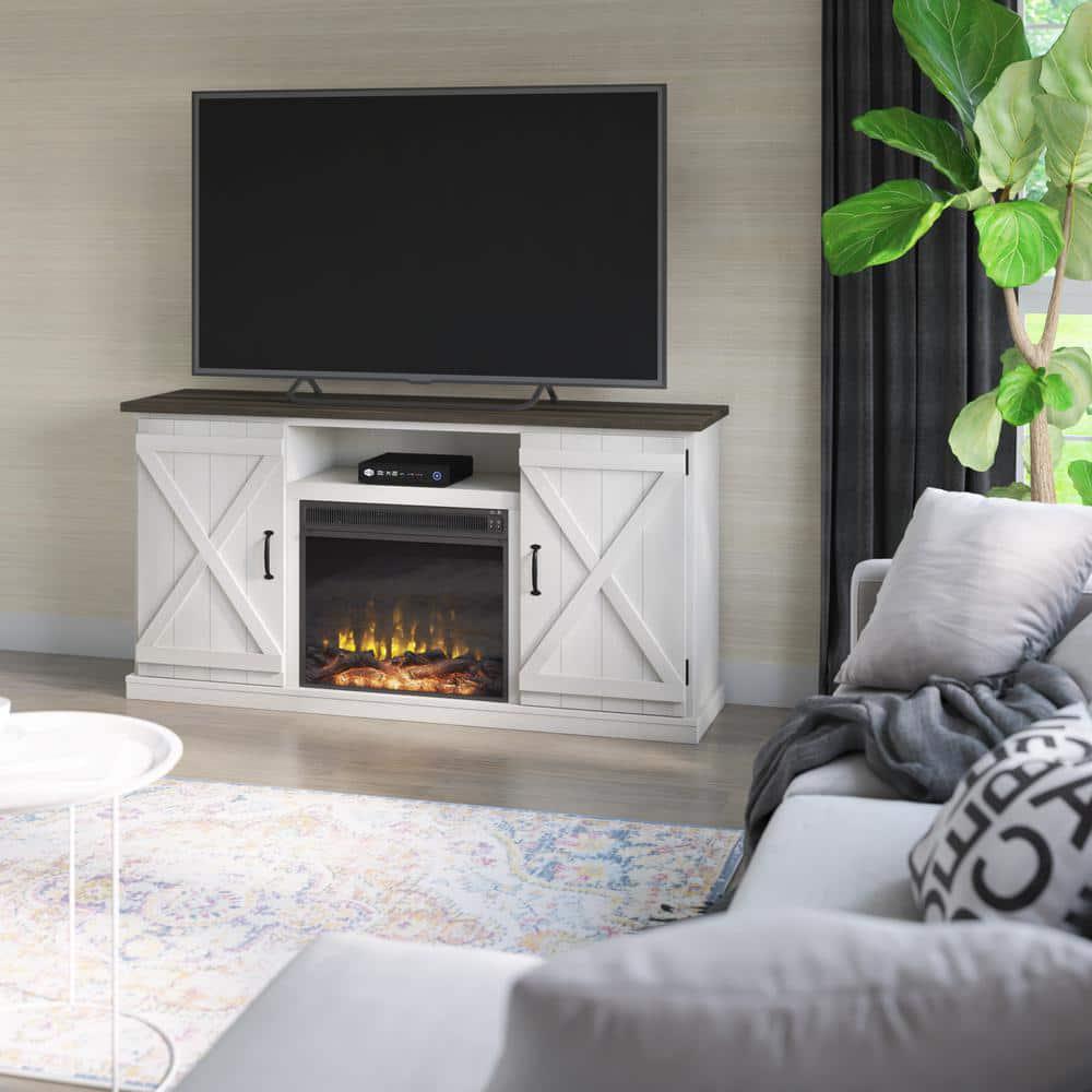 Twin Star Home 6338 in Freestanding Wooden Electric Fireplace TV Stand in Old Wood White