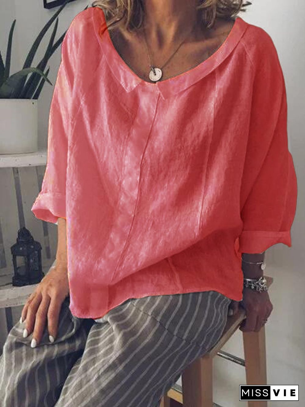 Plus Size Solid Casual Long Sleeve Blouse