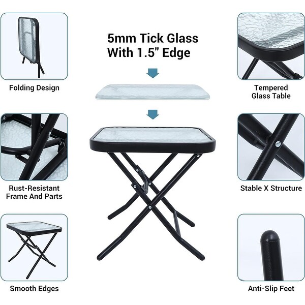 3Piece Folding Patio Bistro Dining Set，Furniture Set with 2 Folding Reclining Chairs with Cushion and 1 Folding Glass Table