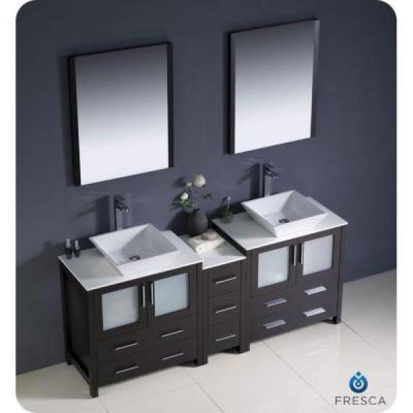 Fresca Torino 72 in. Double Vanity in Espresso with Glass Stone Vanity Top in White with White Basins and Mirrors FVN62-301230ES-VSL