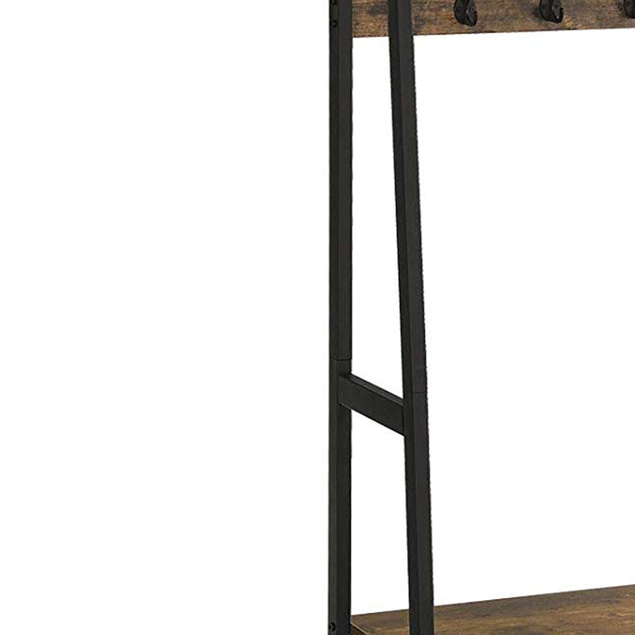 Iron Framed Coat Rack with Two Storage Shelves and Hanging Rail， Brown and Black- Saltoro Sherpi