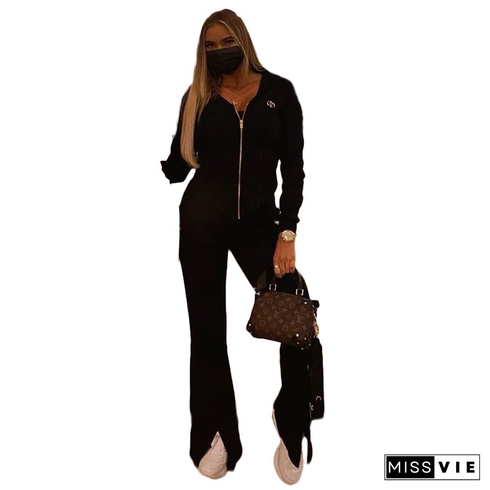 Women's Long Sleeve Zip-up Hoodie Slit Pants Two Piece Outfit