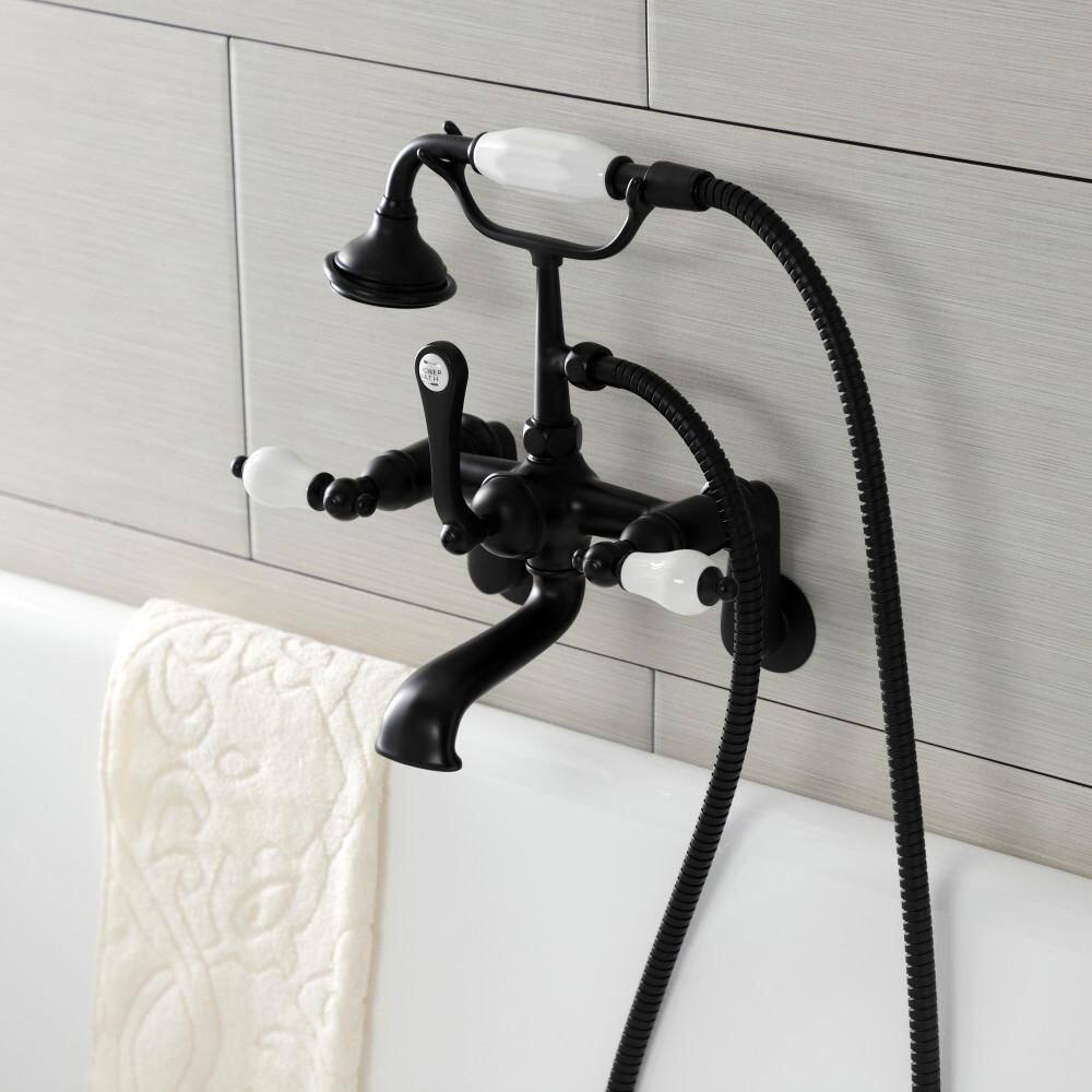 Kingston Brass Aqua Vintage 3-Handle Wall-Mount Clawfoot Tub Faucets with Hand Shower in Matte Black HAE55T0