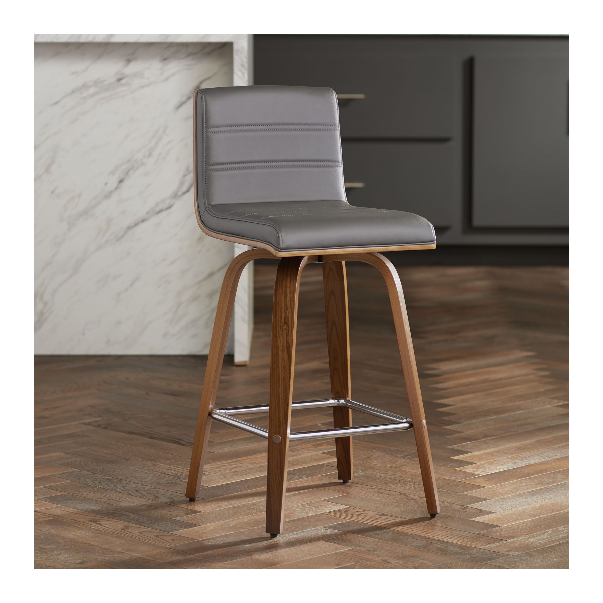 Armen Living Walnut Swivel Bar Stool 25 1/4 High Modern Gray Cushion with Backrest Footrest for Kitchen Counter Height Island