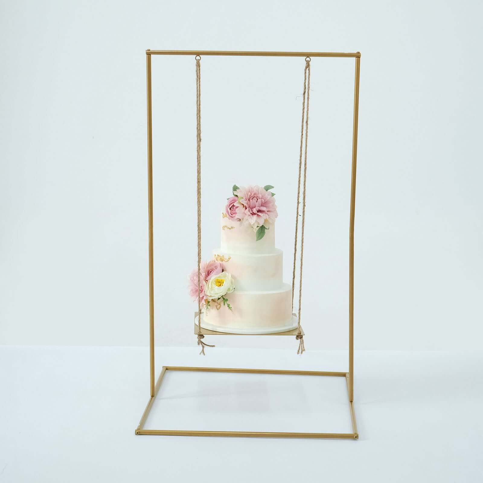 Gold Metal Hanging Dessert Display Centerpiece with Jute Rope, Cake Stand Swing 3ft Tall