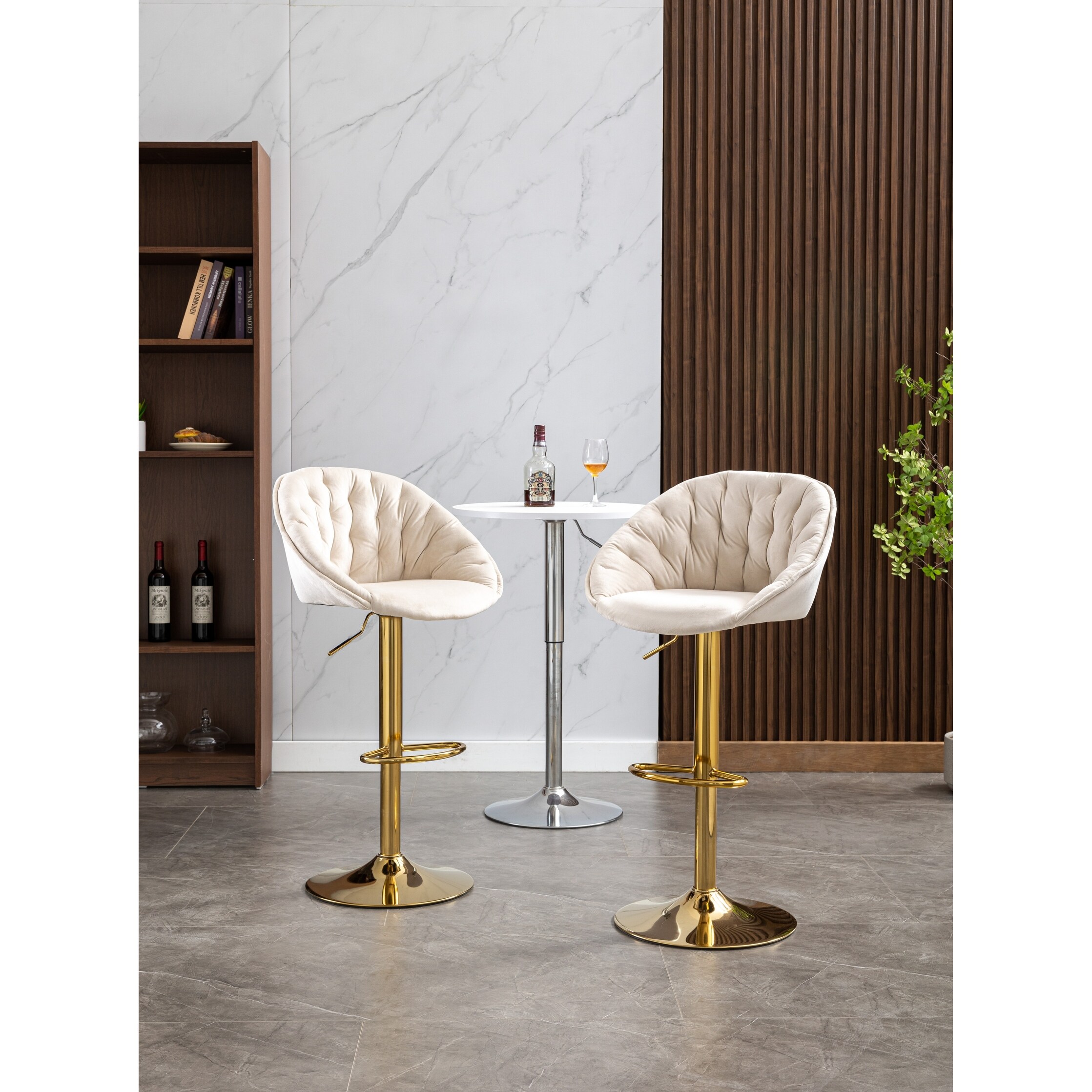 Velvet Swivel Tufted Adjustable Height Bar Stools With Golden Footrest(set of 2)