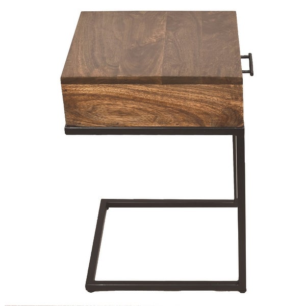 Mango Wood Side Table with Drawer and Cantilever Iron Base， Brown and Black