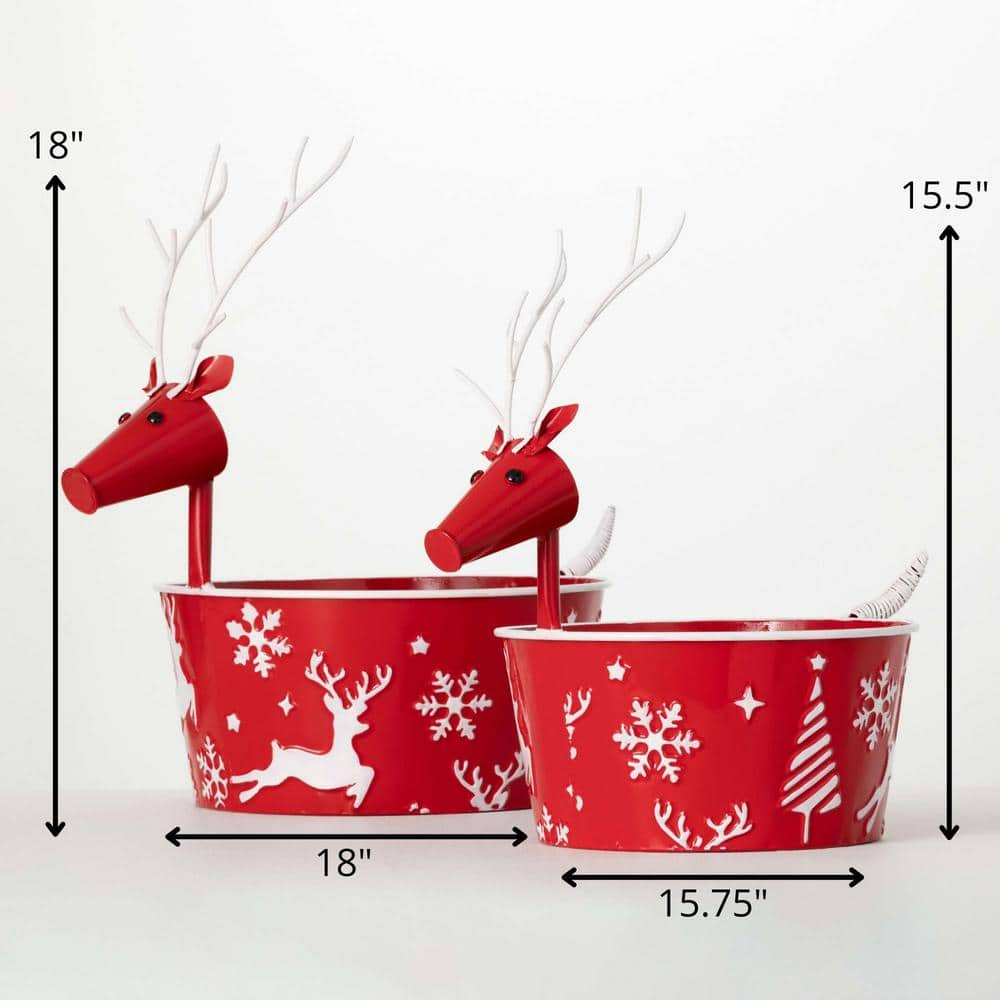 SULLIVANS 15.5 in. and 18 in. Embellished Red Reindeer Christmas Pots Set of 2 Red and White MET2362