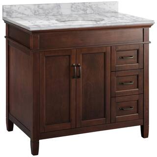 Home Decorators Collection Ashburn 37 in. W x 22 in. D Bath Vanity in Mahogany RH Drawers with Marble Vanity Top in Carrara with White Oval Sink ASGA3621DR-CAR