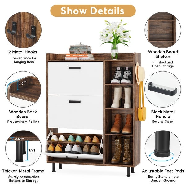 Shoe Storage Cabinet with 3 Flip Drawers and 5 Tiers shelves， Freestanding Wooden Tipping Bucket Shoes Organizer Cabinets - - 35444566