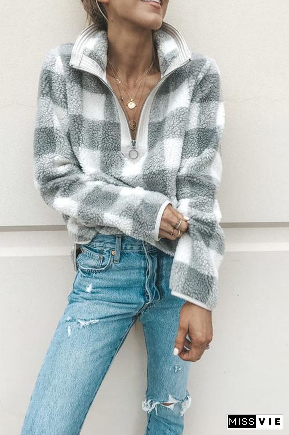 Plaid Long Sleeve High Collar Zip Hoodie