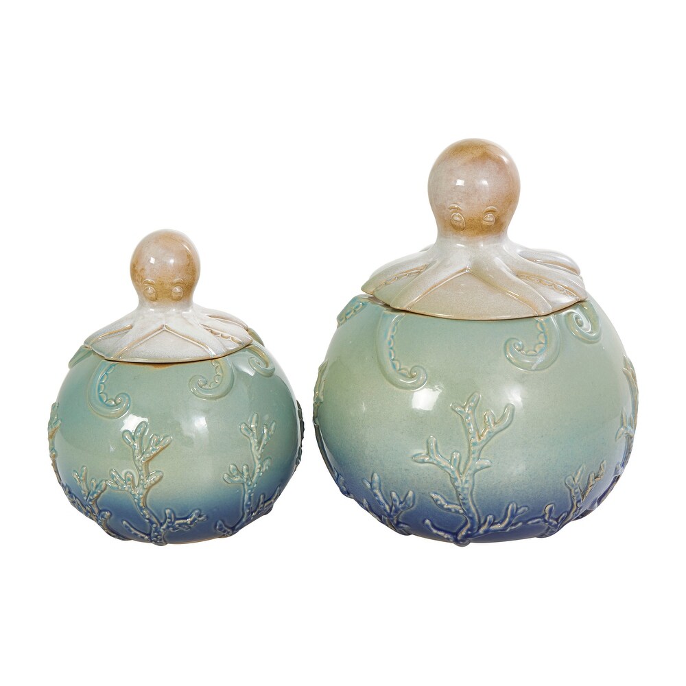 Blue Ceramic Octopus Ombre Textured Decorative Jars with Coral Details  Set of 2 10\