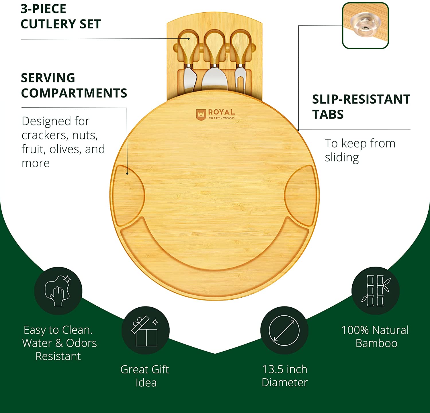 Large Round Cheese Board and Knife Set - Charcuterie Board， Bamboo Cheese Board Set， Cheese Platter Board， Cheese Tray Set， Cheese Cutting Board Set， Wooden Cheese Plate Set 13.5 Inch