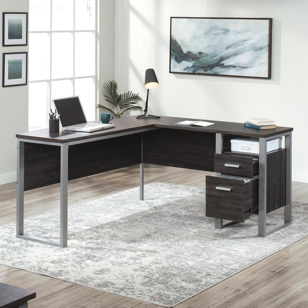 SAUDER Rock Glen 59 in. L-Shaped Blade Walnut with Silver Metal Frame 2-Drawers Desk 425773