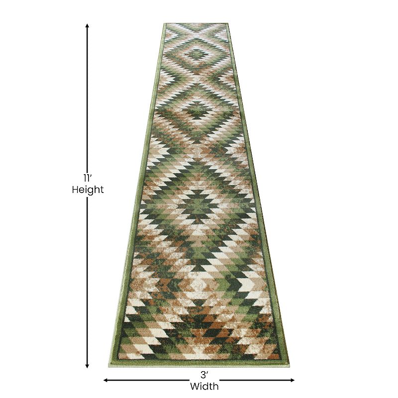 Masada Rugs Masada Rugs Stephanie Collection 3'x11' Area Rug Runner with Distressed Southwest Native American Design 1106 in Green， Brown and Beige