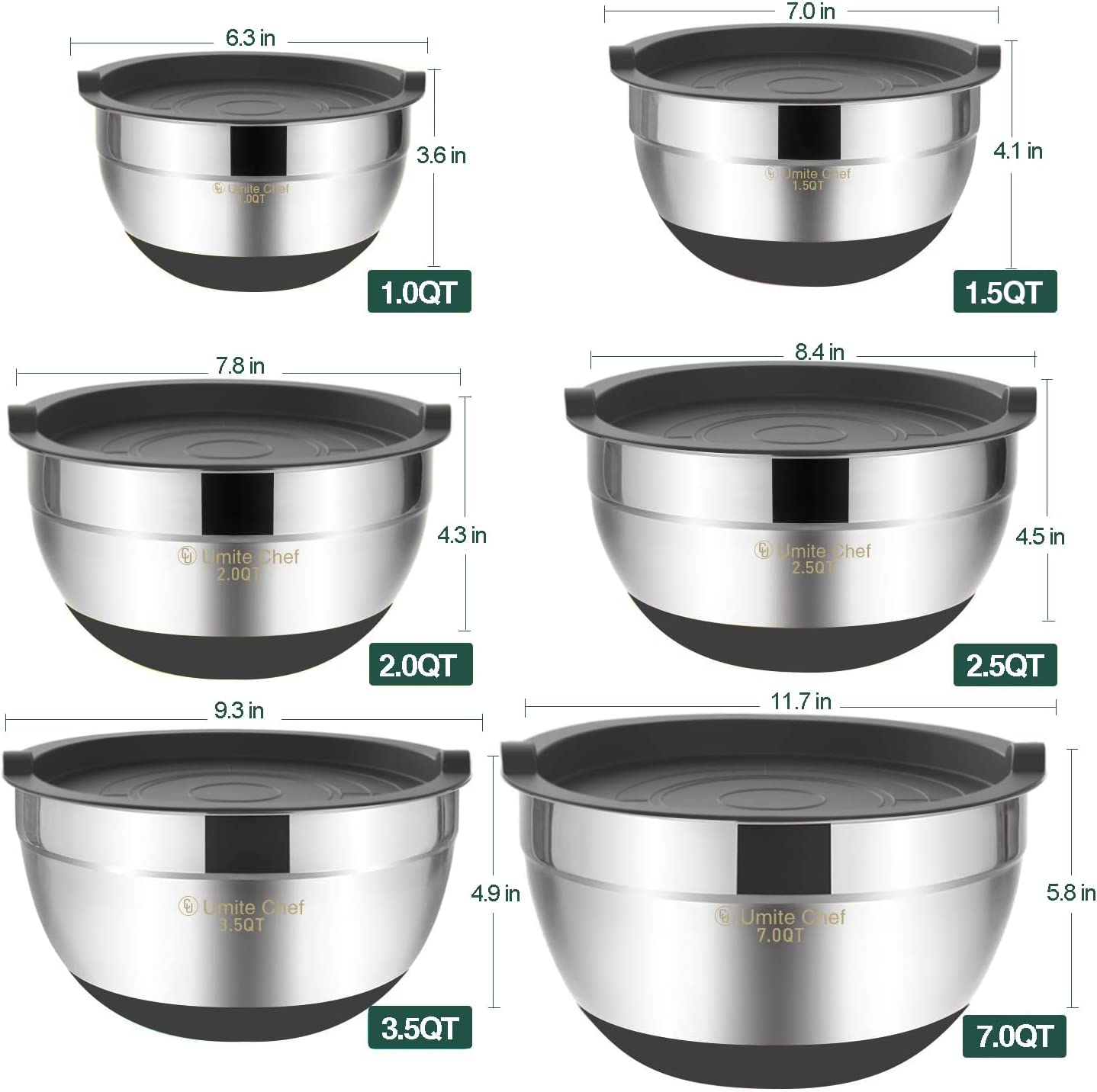 Chef Mixing Bowls with Airtight Lids 6 Piece Stainless Steel Metal Bowls, Measurement Marks & Colorful Non