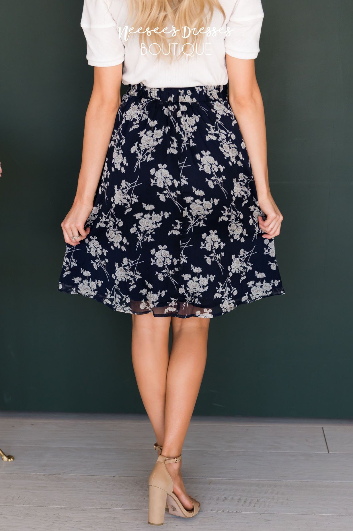 Navy & Cream Floral Chiffon Skirt