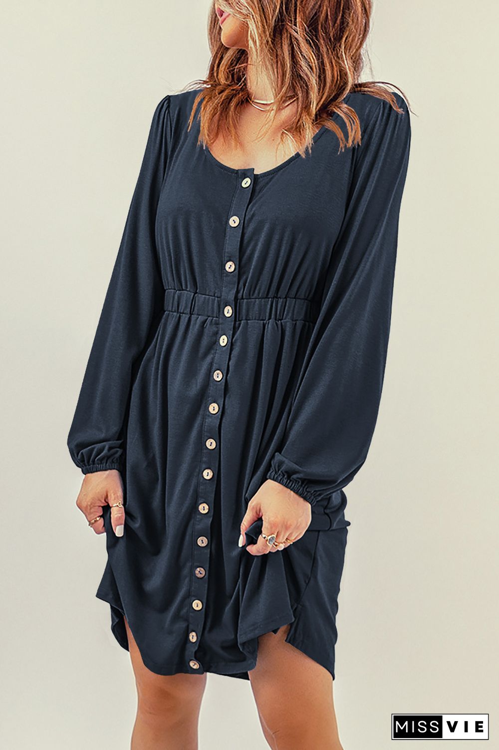 Dark Blue Button Up High Waist Long Sleeve Dress