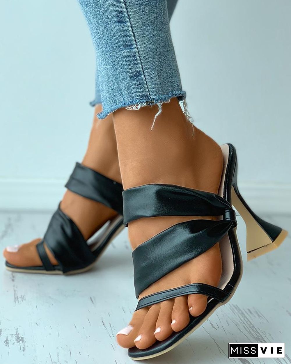 Square Toe Cutout Slide Pyramid Heels