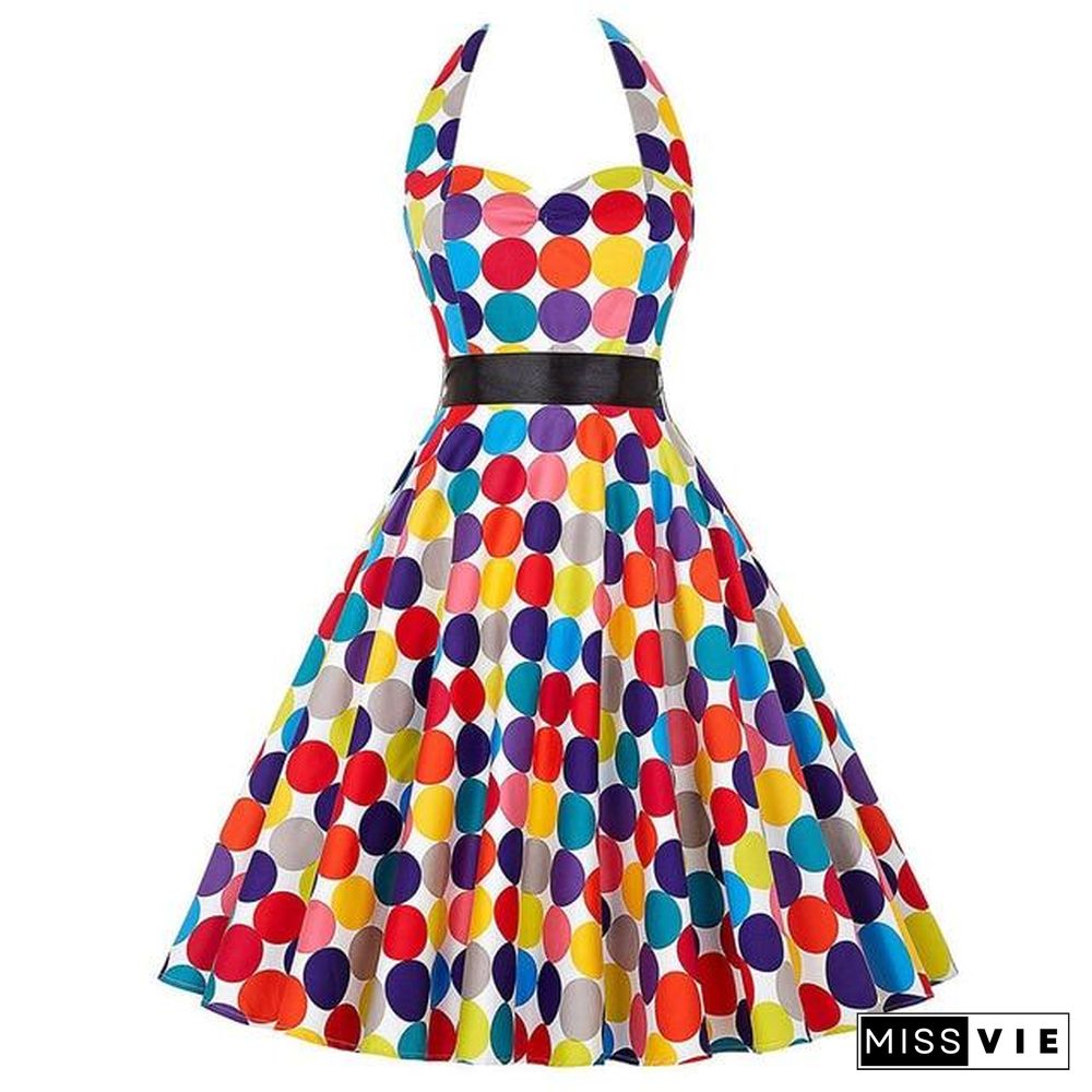 Sexy Halter Party Dress Retro Polka Dot Vintage Dresses Elegant Midi Dress