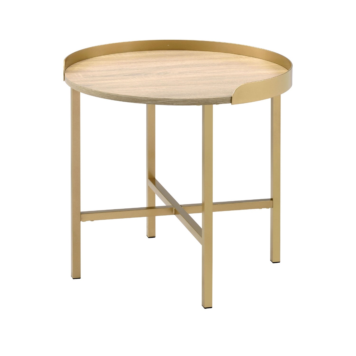 Round Wood End Table Table with Metal Base in Oak and Gold Finish