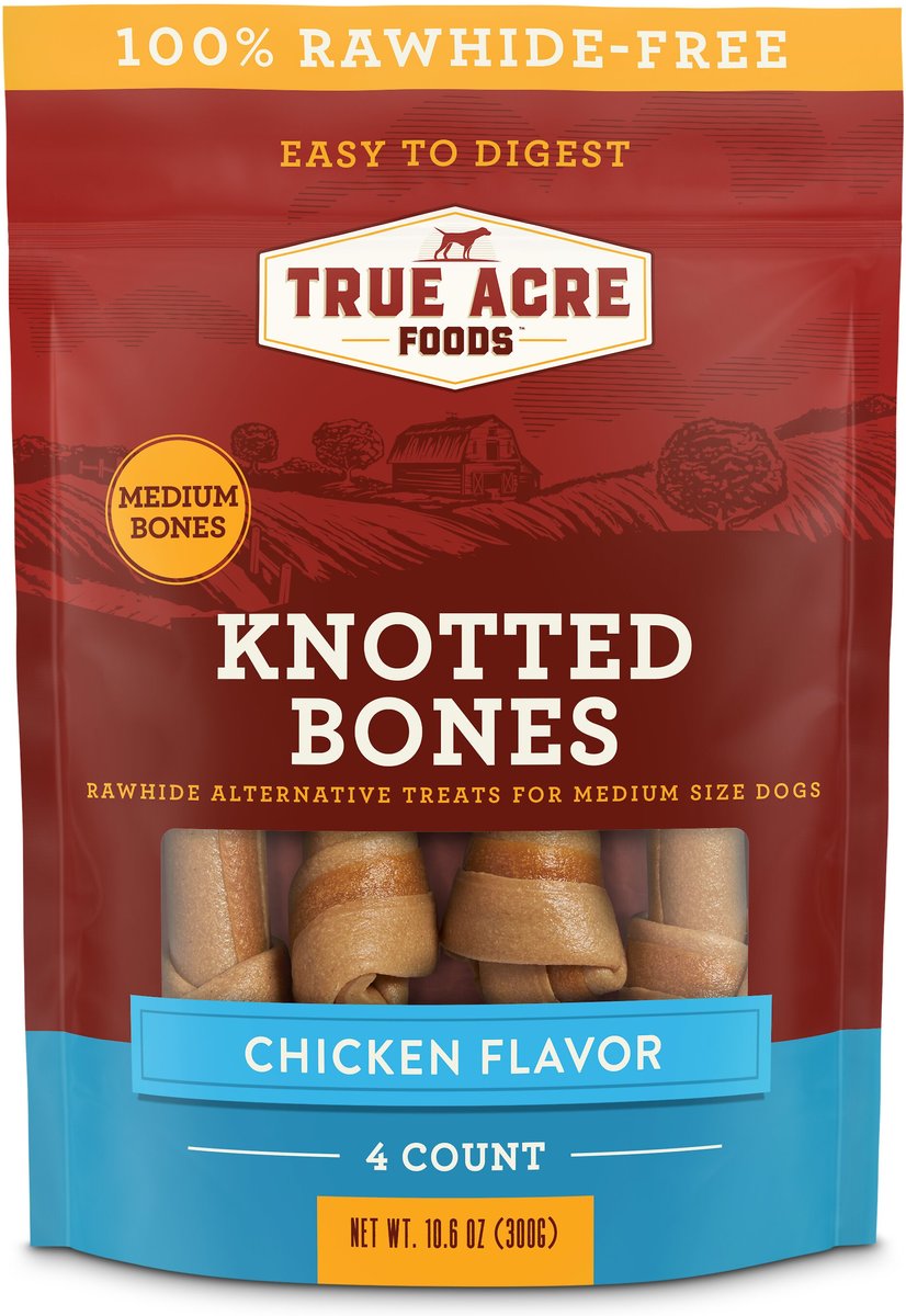 True Acre Foods Rawhide-Free Knotted Bones Chicken Flavor Treats， Medium， 4 count