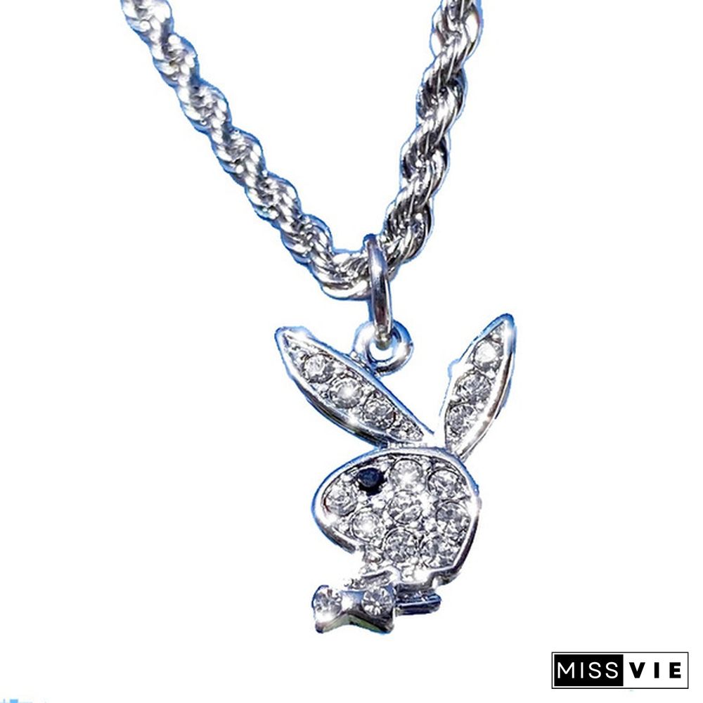 Fashion Stainless Steel Hip Pop Animal Rabbit Pendant Necklace for Women Punk Bunny Rhinestone Necklace Choker Jewelry