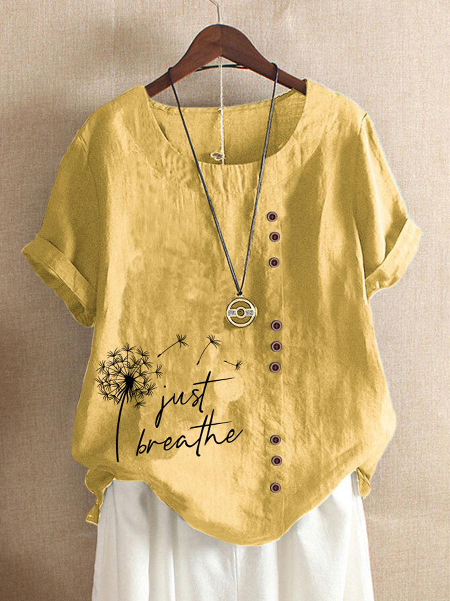 Casual Vintage Dandelion Print Crew Neck Short Sleeve Blouse