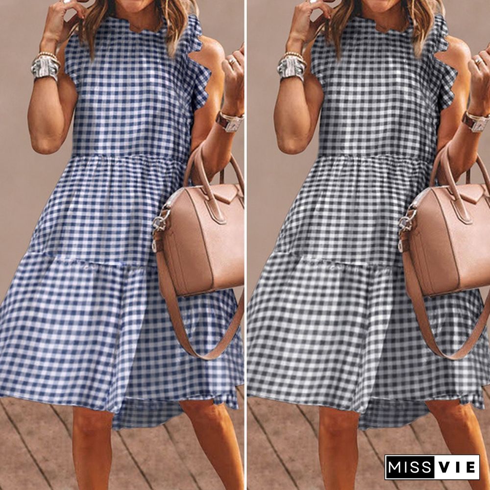 S-5XL Women Sleeveless Holiday Party Midi Dresses Summer Ruffled Cuff Vintage Plaid Tank Dress Sundress Kleid