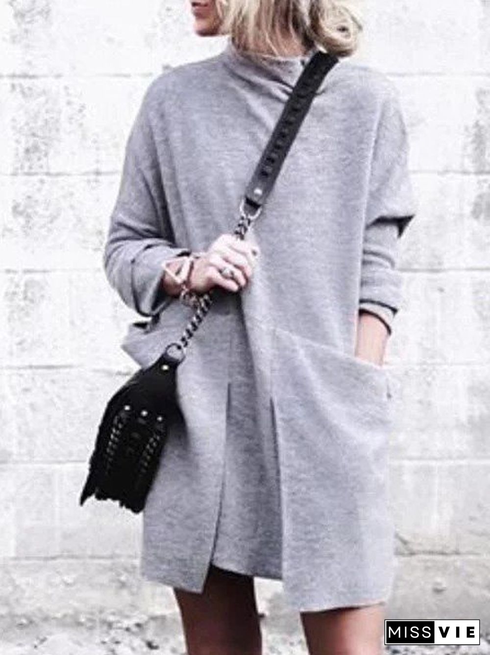 Plain Long Sleeve Turtleneck Knitting Dress