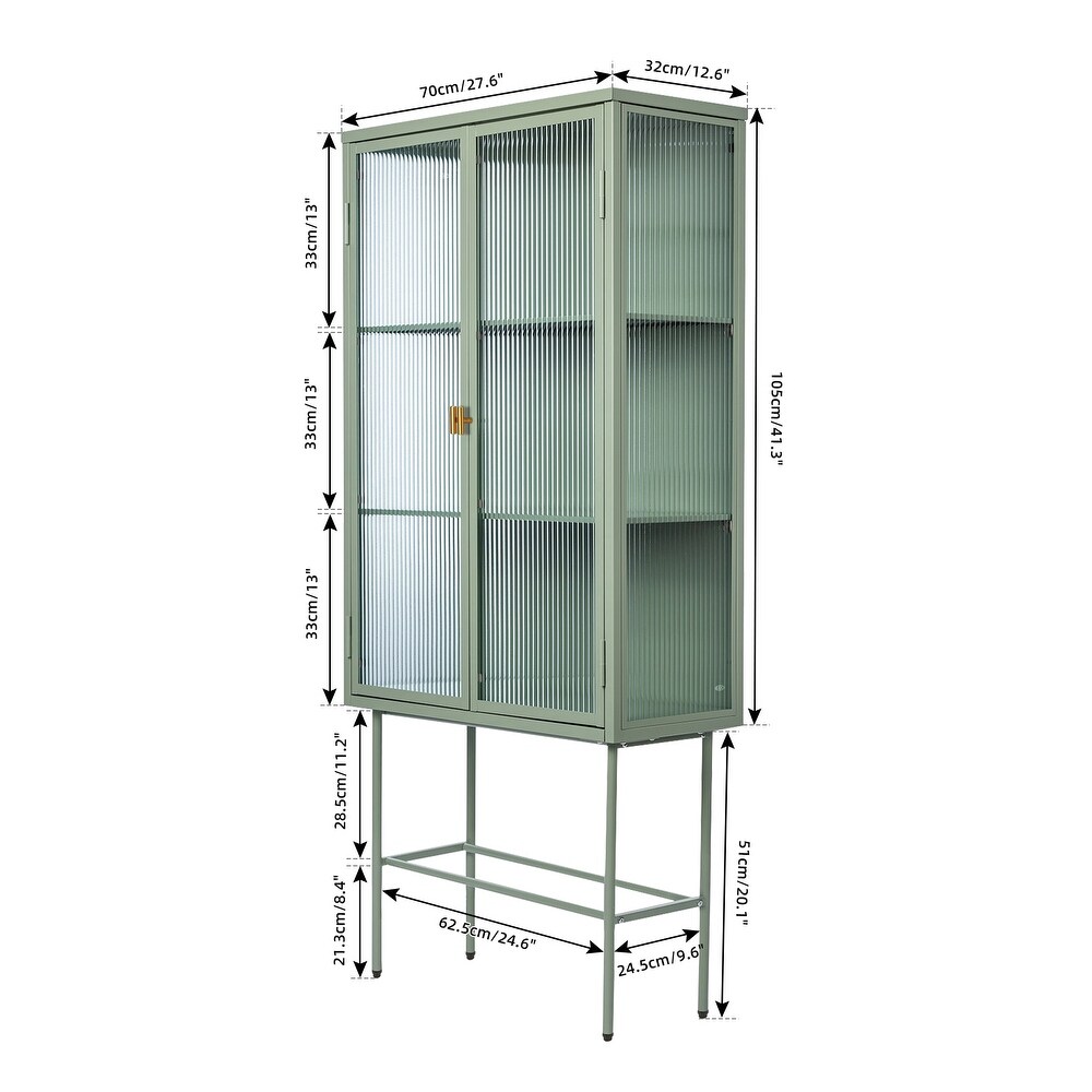 Tall Freestanding Display Cupboard Stylish Fluted Glass Storage Cabinet with Glass Doors Three Detachable Shelves Bottom Space