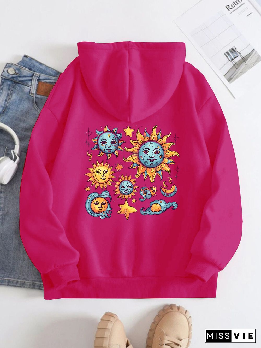 Printed on the Back Kangaroo Pocket Hoodie Long Sleeve for Women Pattern Sun and Moon Painting