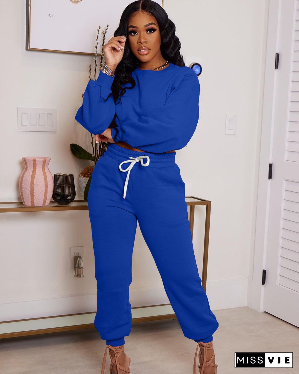 Loose Simple Solid T Shirt Sweatpants Two Piece Set