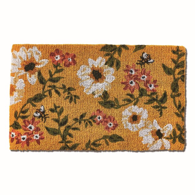 Bee With White And Orange Flowers Floral Rectangle Indoor And Outdoor Coir Door Welcome Mat Yellow Background