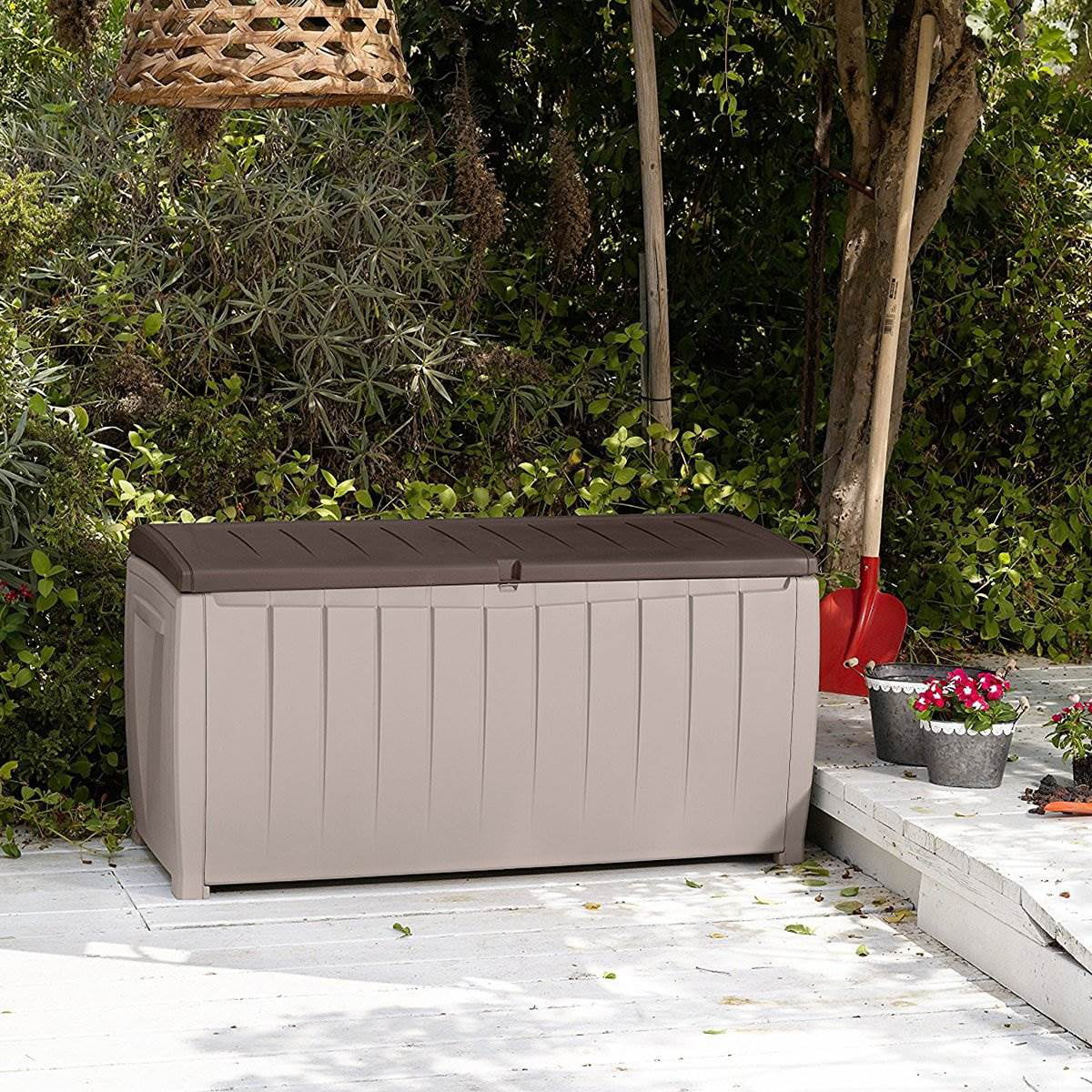 Keter Novel 90 Gallon Weather Resistant Outdoor Patio Storage Deck Box and Bench