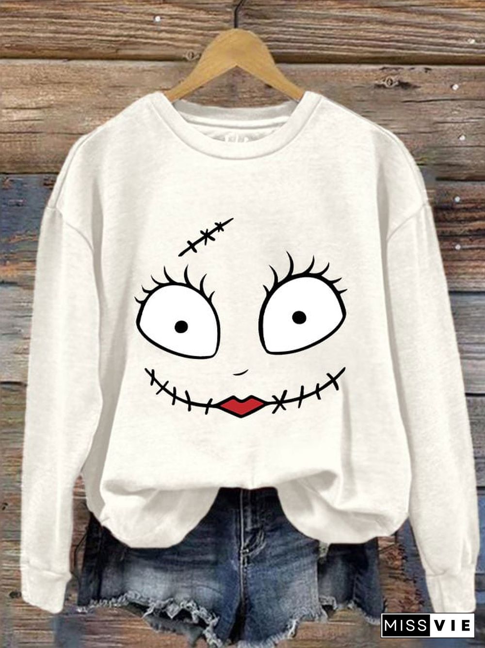 Women's Halloween Sally Happy Face Funny Sweatshirt