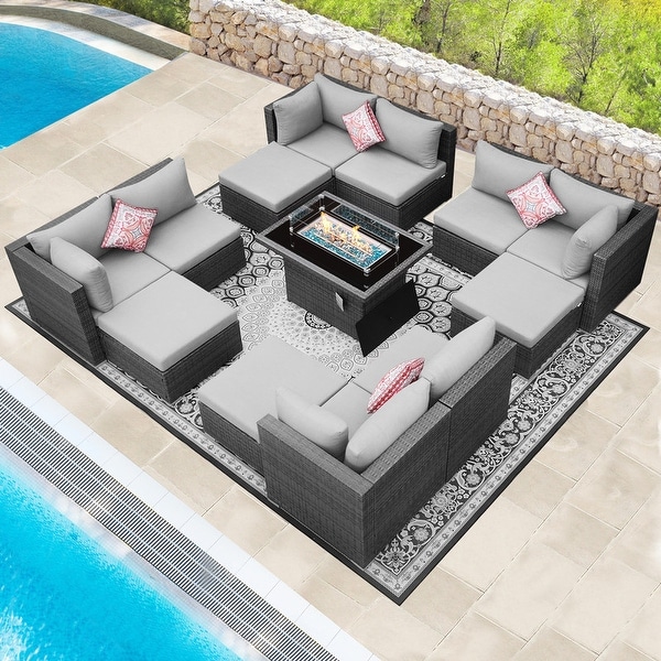 Nicesoul Outdoor Grey Wicker Sectional Furniture Patio Sofa Set with Firepit Table