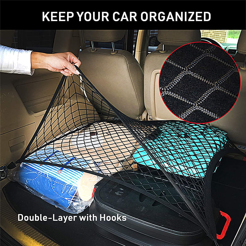 Universal Trunk Cargo Net， Rear Cargo Net Stretchable， Storage Mesh Double-Layer with Hooks， Trunk Cargo Organizer Compatible for SUV， Jeep， Truck