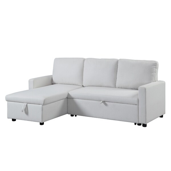 White Fabric Wooden Sleeper Sectional Sofa with Storage， Loveseat with Pull-Out Bed， Reversible， Plastic Legs