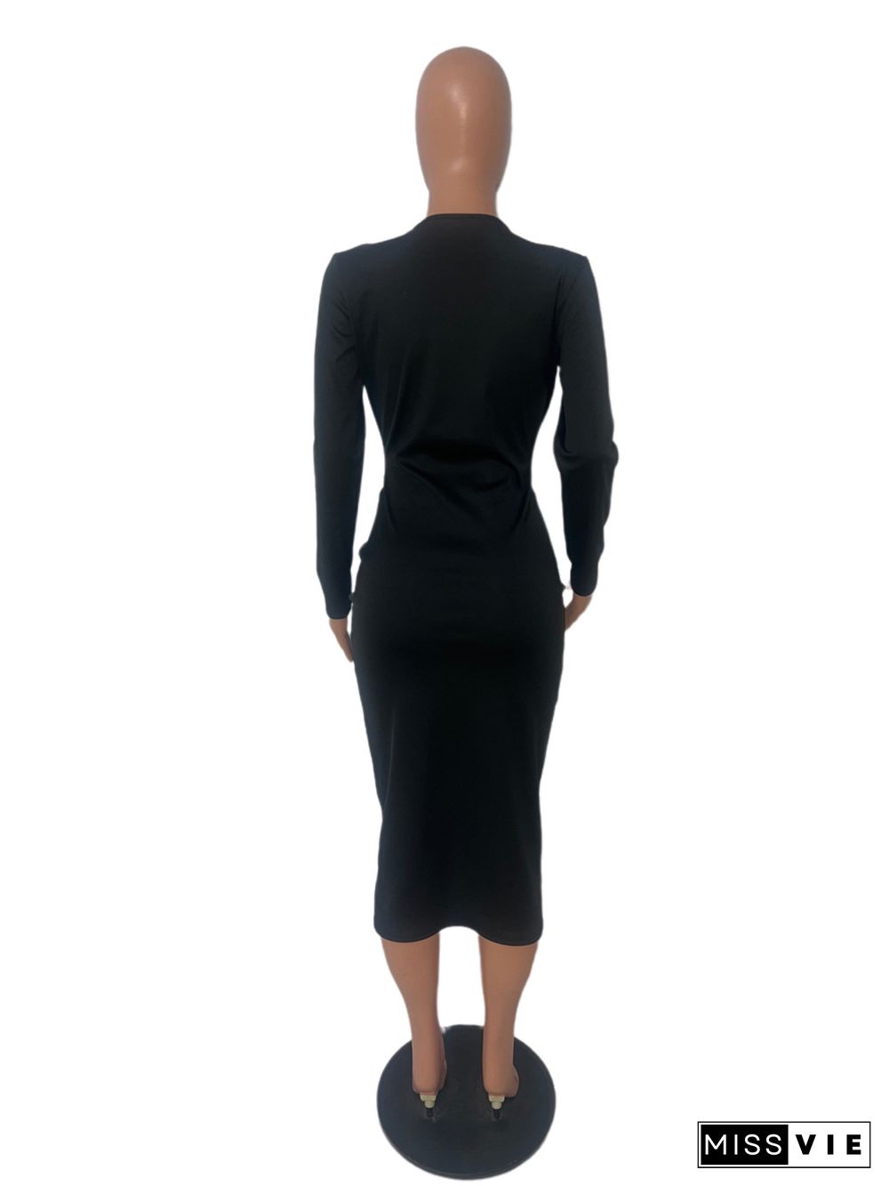 Deep V Long Sleeve Ruched Slit Pencil Dresses