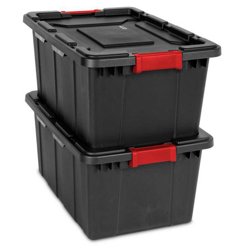 Sterilite 27-Gallon Durable Rugged Industrial Tote wRed Latches in Black (4 Pack) 4 x 14669004