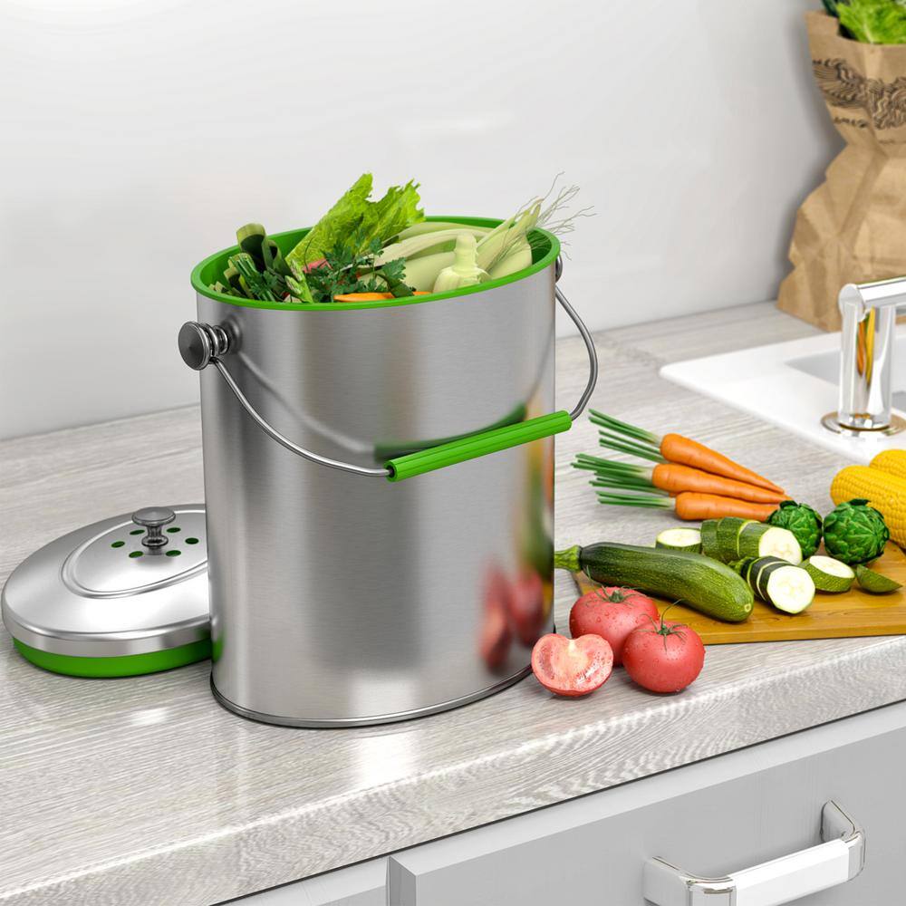 iTouchless 1.6 Gal. Titanium Oval Compost Bin with AbsorbX Odor Filter System Pest-Proof Rust-Free Kitchen Countertop Trash Can CB06OT