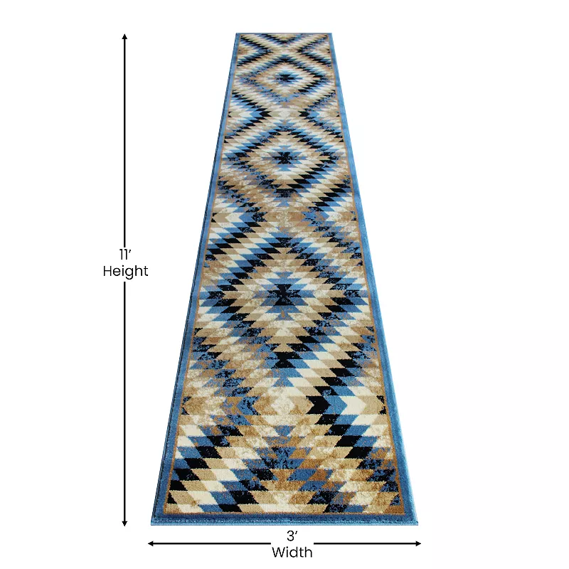 Masada Rugs Masada Rugs Stephanie Collection 3'x11' Area Rug Runner with Distressed Southwest Native American Design 1106 in Blue， Black， Brown and Beige